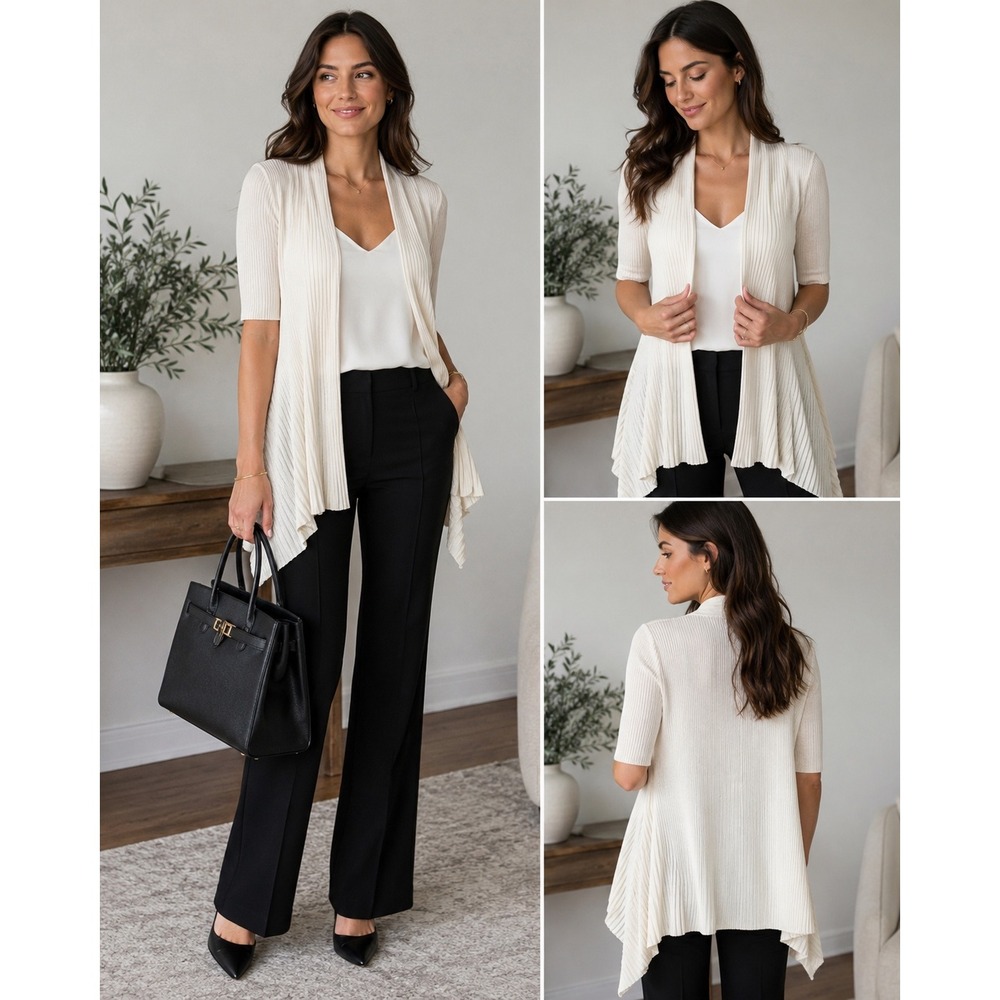 Cache Ribbed Open Front Cardigan S Cream Y2K Fairycore Shrug Handkerchief Hem